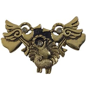 BSD Nativity Brooch Gold Tone Clear Rhinestones Baby Jesus Angel Sheep Christmas